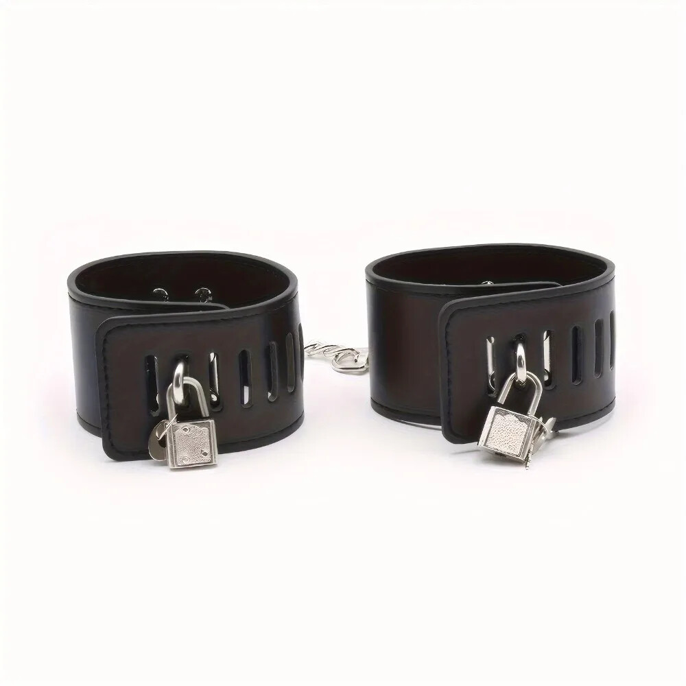 PU Leather Handcuffs Ankle Cuff Neck Brace Lock Binding Restraints Toy Couples