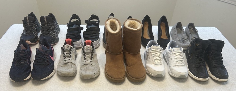 Lot 10 Pairs Womens Shoes Mixed Sizes Athletic Casual Nike Ugg Hoka Crocs Clarks