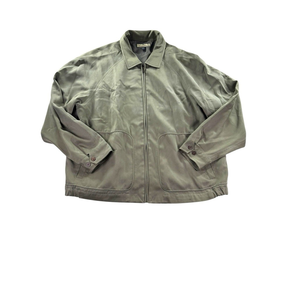 Tommy Bahama Jacket Size Large Full Zip 100% Silk Green Casual Collared Bomber