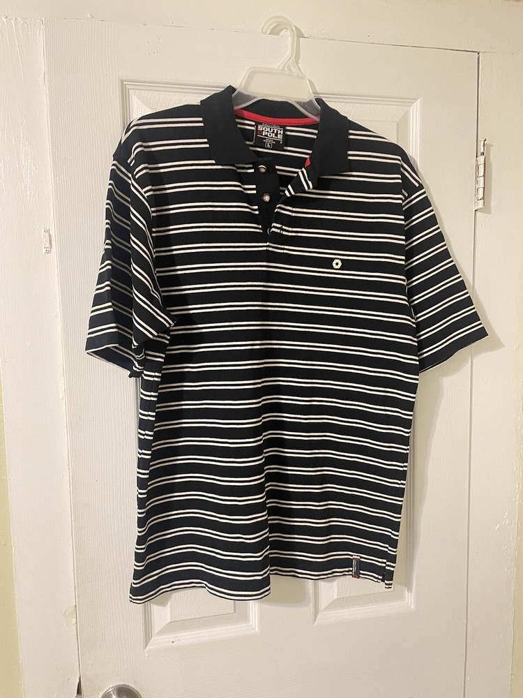South Pole Short Sleeve Men's Polo Shirt Size L Navy Blue Striped Embroided Logo