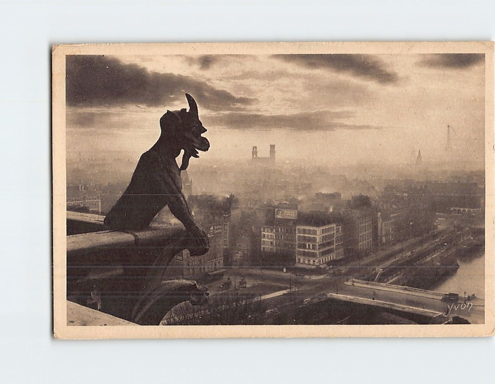 Postcard Stryge Chimera Statue Notre-Dame Cathedral in Paris France