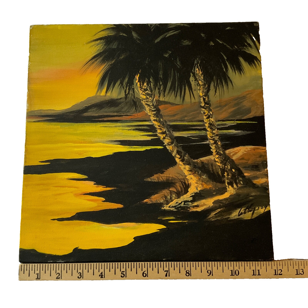 Sunset beach PAINTING landscape vintage hand painted original art palm trees