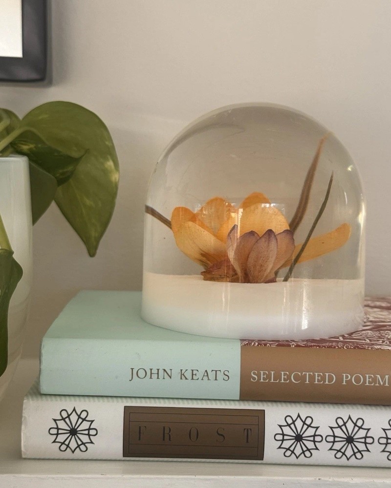 W. Rolfe Vintage Clear and White Acrylic Lucite Dome Crocus Paperweight, Signed