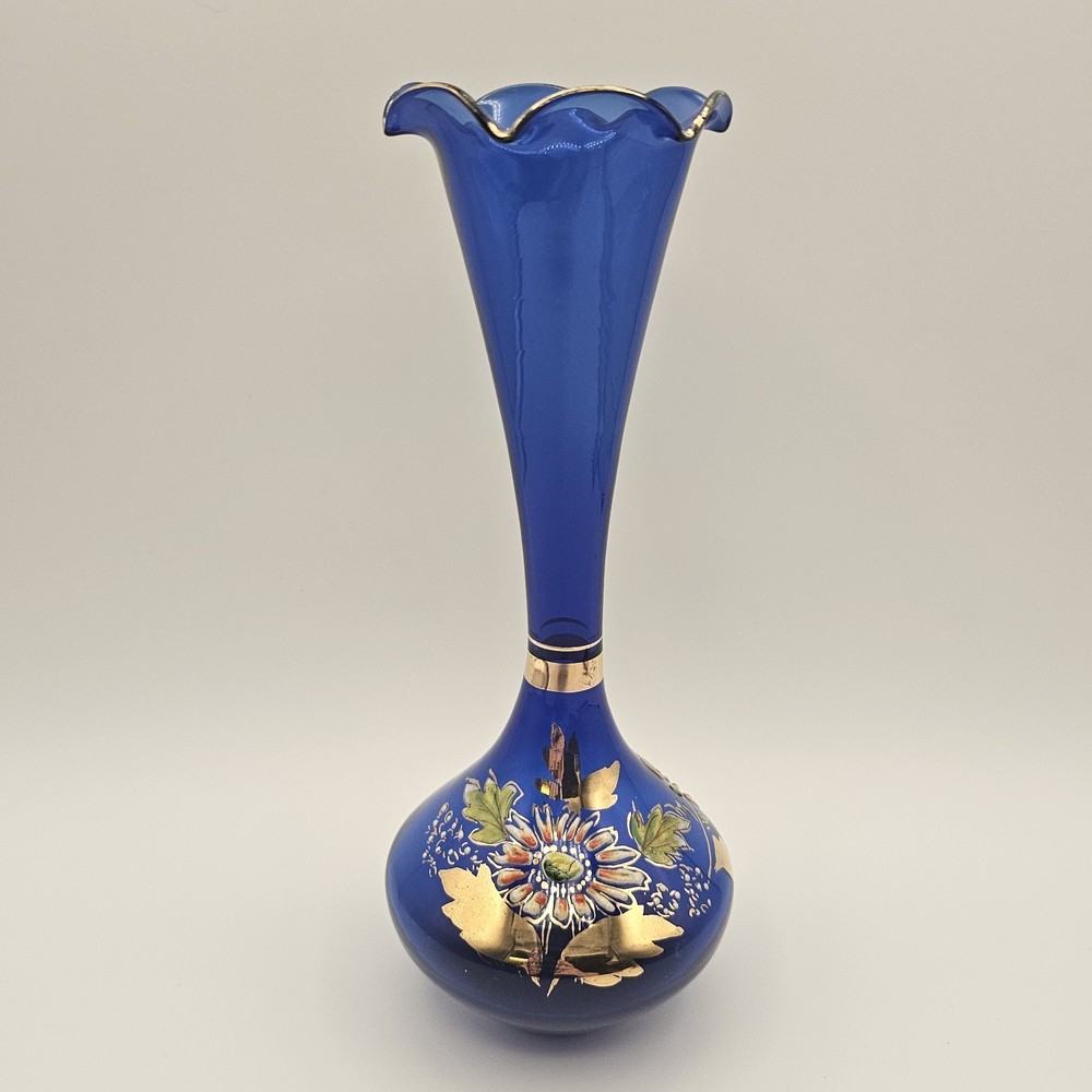 Vintage Cobalt Blue Bohemian Glass Bud Vase Hand Painted Enamel Floral Gold 8 In