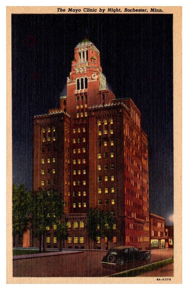 1940s Street View of Mayo Clinic at Night Rochester Minnesota Vintage Postcard