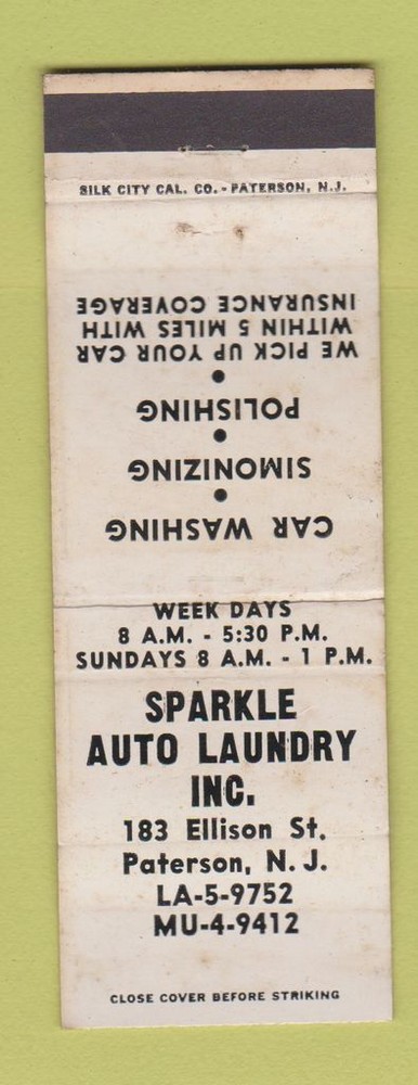 Matchbook Cover - Sparkle Auto Laundry Paterson NJ wash WEAR