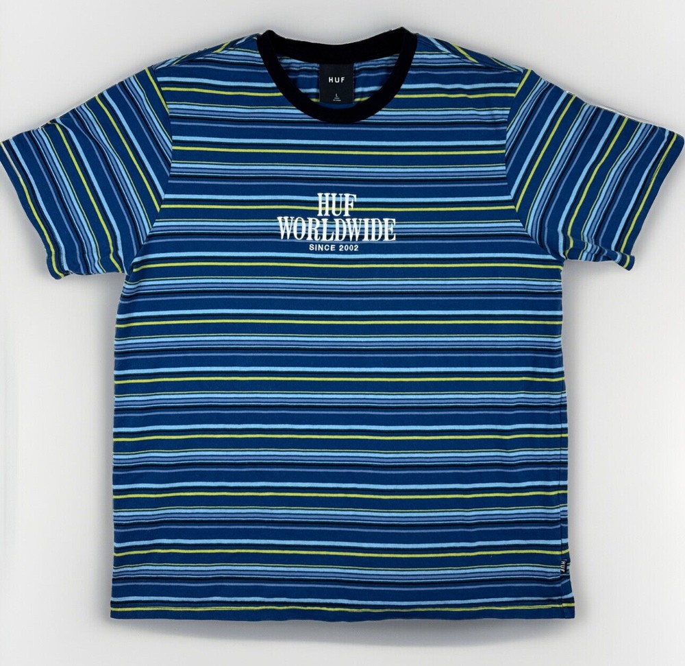 HUF Worldwide Blue Striped Short Sleeve T-Shirt with Large White Logo