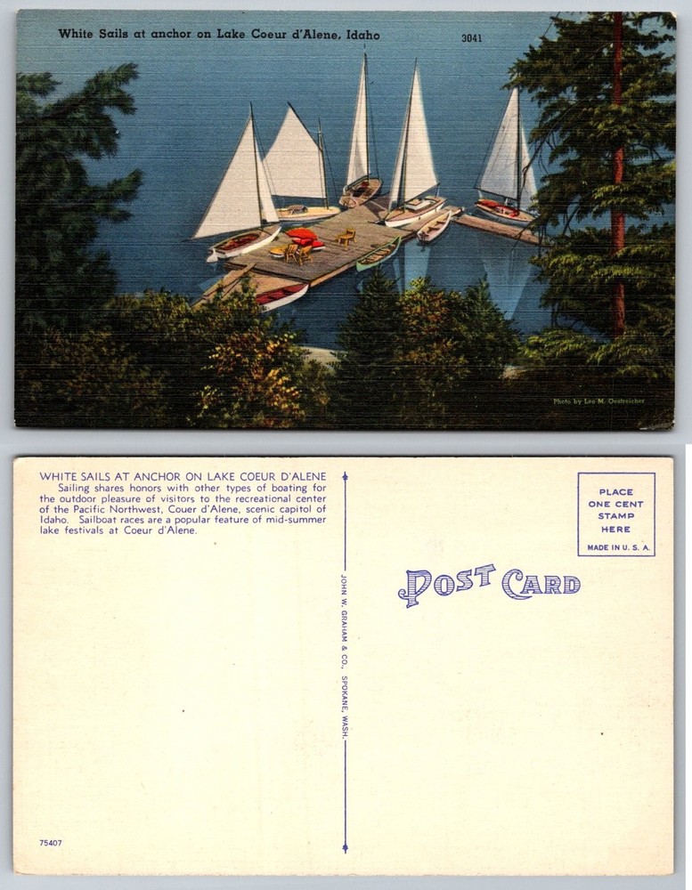 Vintage Linen Postcard White Sails Lake Coeur d'Alene Idaho Boating