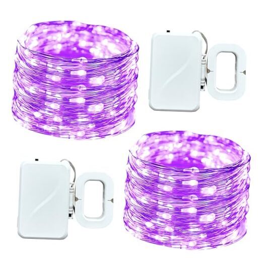 LED Fairy Lights Battery Operated 50 LED 16FT Copper 2 Pack Purple Lights