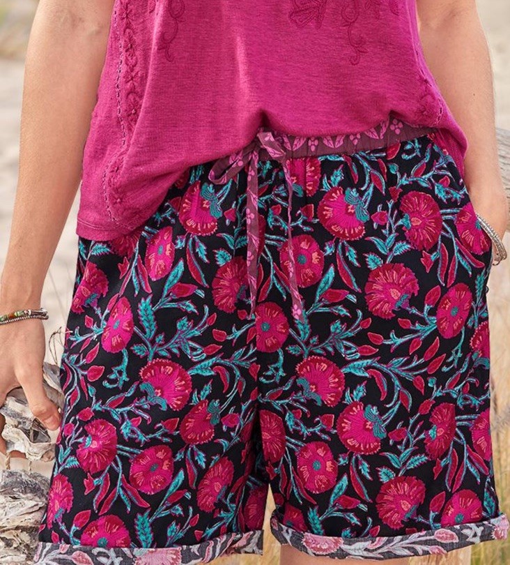 NEW Sundance Catalog Relaxed LEIA BLACK PINK FLORAL Drawstring Cotton Shorts L
