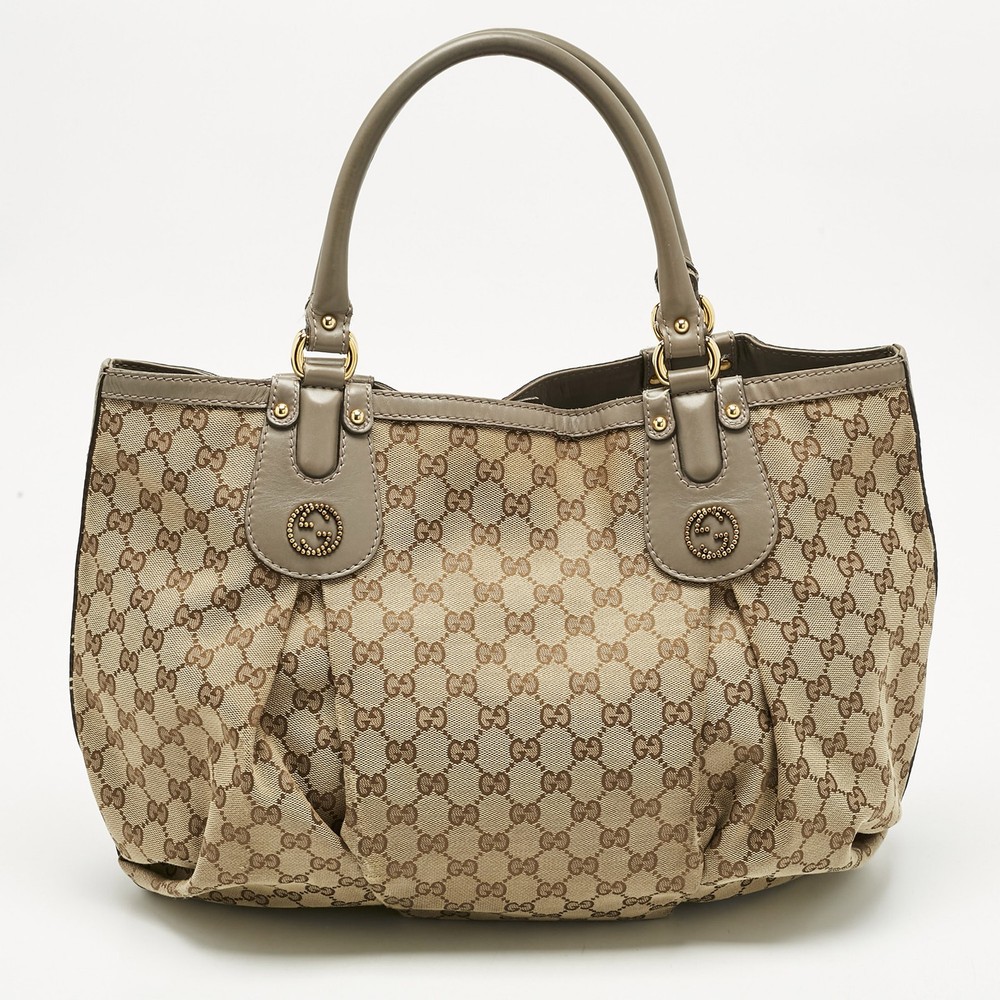 Gucci GG Canvas Leather Large Scarlett Stud Tote in Grey Beige