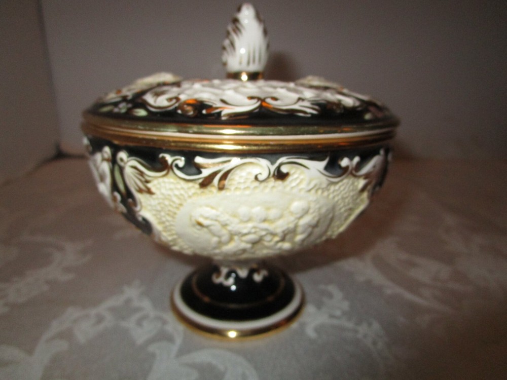 Vintage CESELLO Italian Porcelain Pierced Compote Dish W/ Lid Cherubs 1950s
