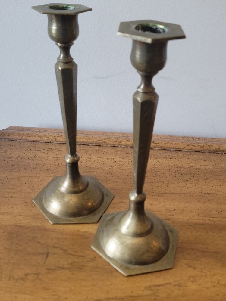 Pair Vintage Brass Engraved floral design Candlestick holders Hexagon base/Top
