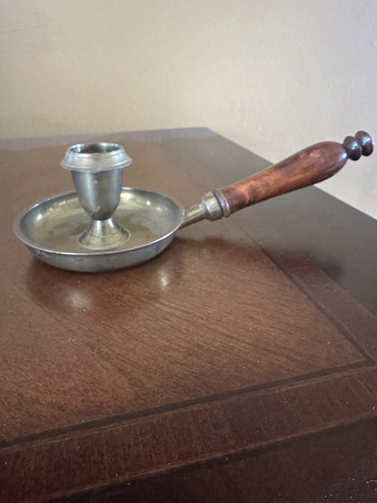 Brass & Wood Nightlight Chamber stick Candle Holder w/ Saucer Base Vintage