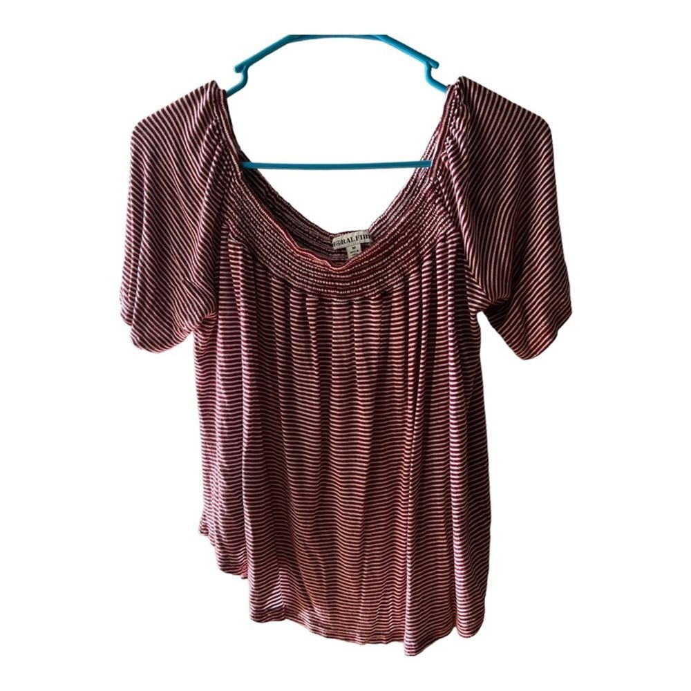 Moral Fiber Womens Off Shoulder Smocked Top Blouse Striped Peasant size M Red