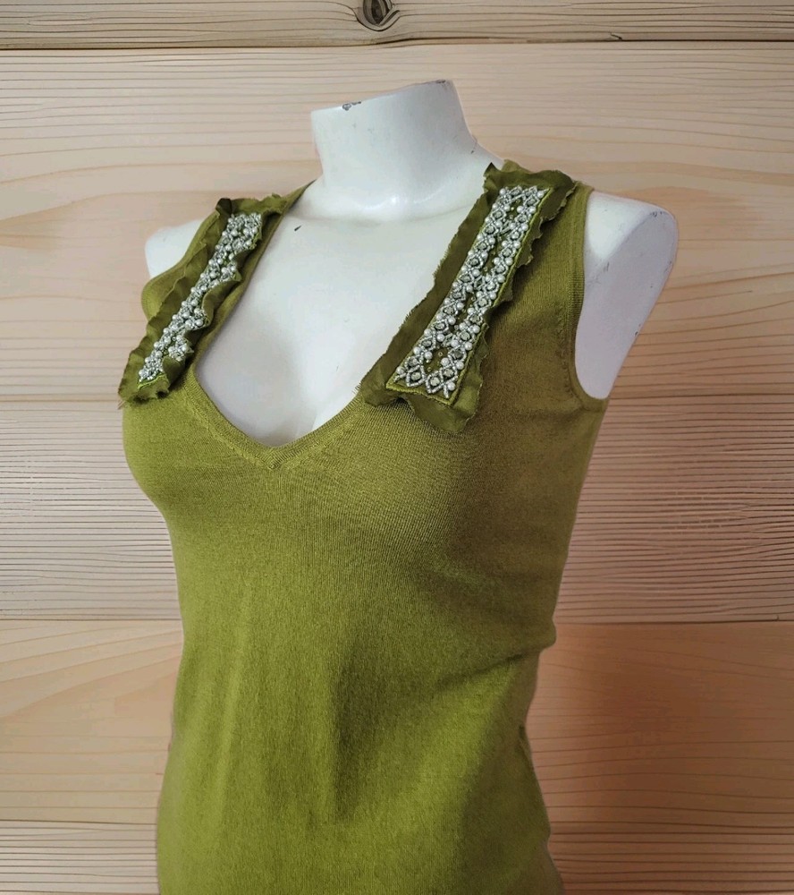 Hugo Boss Womens XS Silk Cashmere Knit Tank Top Green Beaded Sleeveless