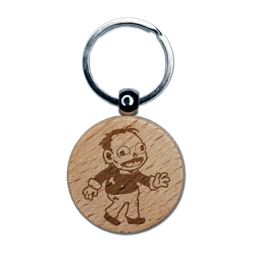 Happy Zombie Shambling Undead Monster Engraved Wood Round Keychain Tag Charm