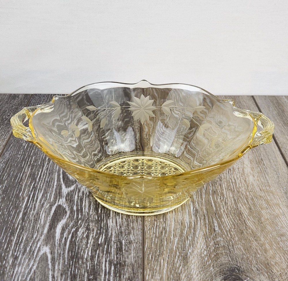 Vintage Lancaster LANDRUM Topaz/Yellow Depression Glass Handled Bowl