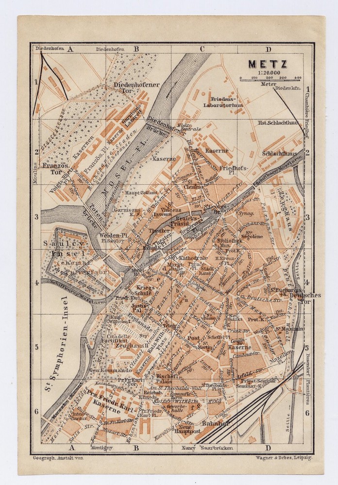 1911 Antique Map Of Metz Lorraine Lothringen / France Germany