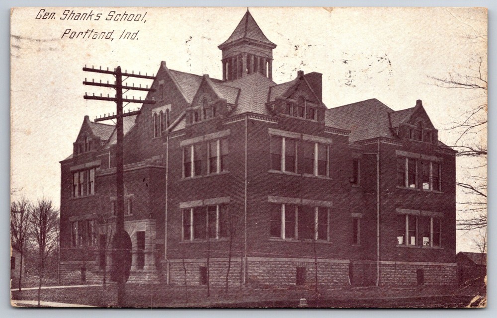 Portland Indiana~Gen Shanks School Exterior View~B&W~PM 1915~Vintage Postcard