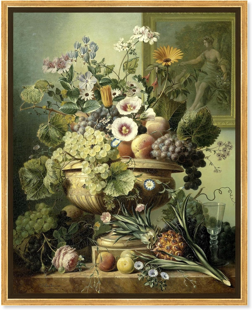 Still Life with Flowers and Fruits Canvas Vintage Floral Wall Art, Gold Frame, 2