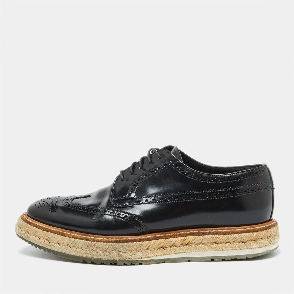 Prada Black Leather Brogue Wingtip Espadrille Platform Derby Size 385