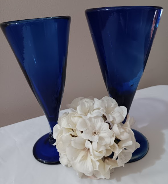 Murano Art Glass Hand-blown Wine Glasses, Cobalt Blue Swirl on base; Set of 2