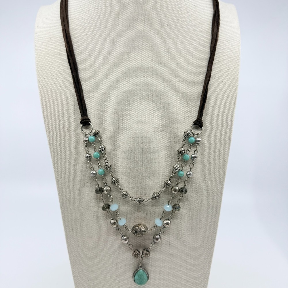 Vintage Boho Layered Faux Turquoise Suede Cord Necklace Silver Tone Teardrop