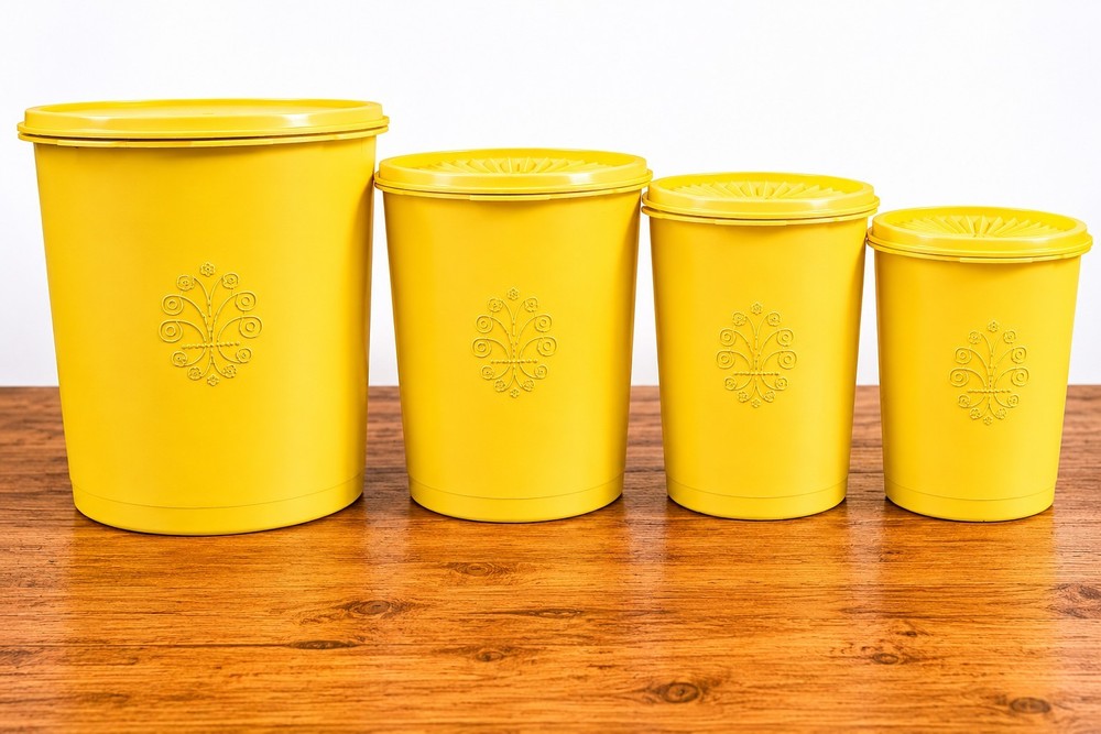 Vintage Tupperware Yellow Canister Set 4 Kitchen Storage Containers Lids USA
