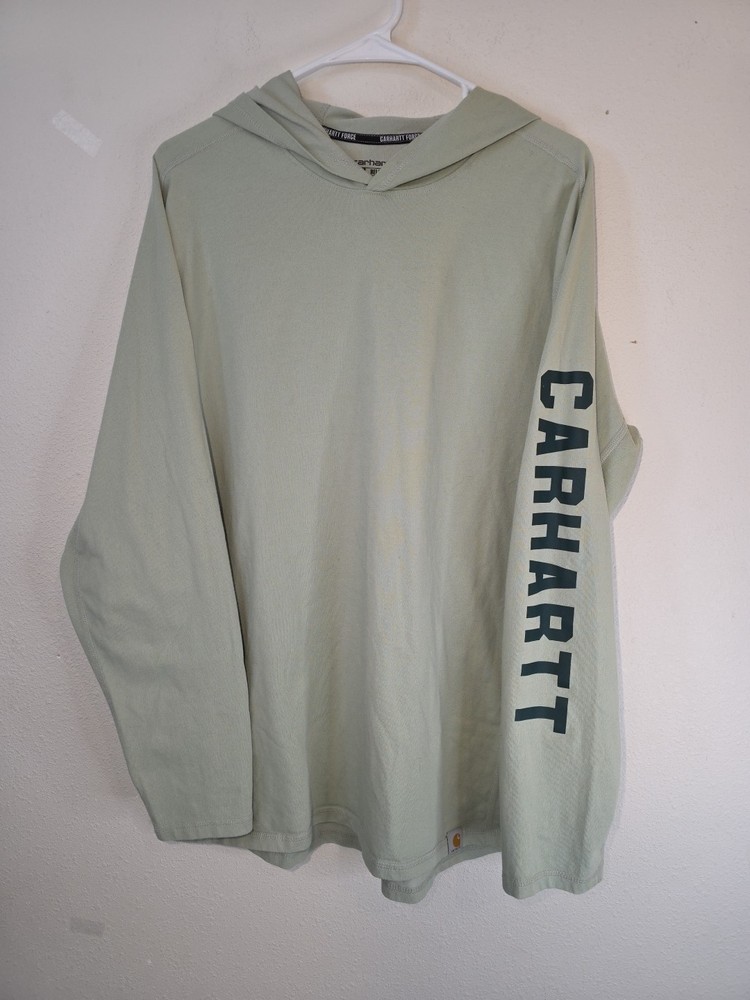 2 Carhartt Men's L Force Loose Fit Long Sleeve Hooded T-Shirt Light Green Black