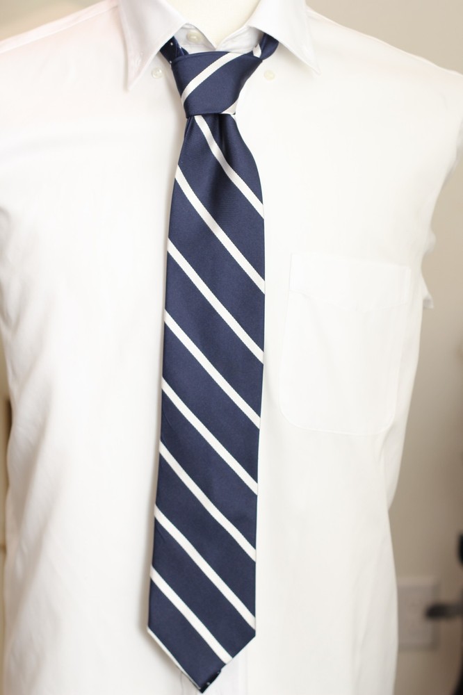 Diagonal Stripe 100% Silk Tie Men Navy white