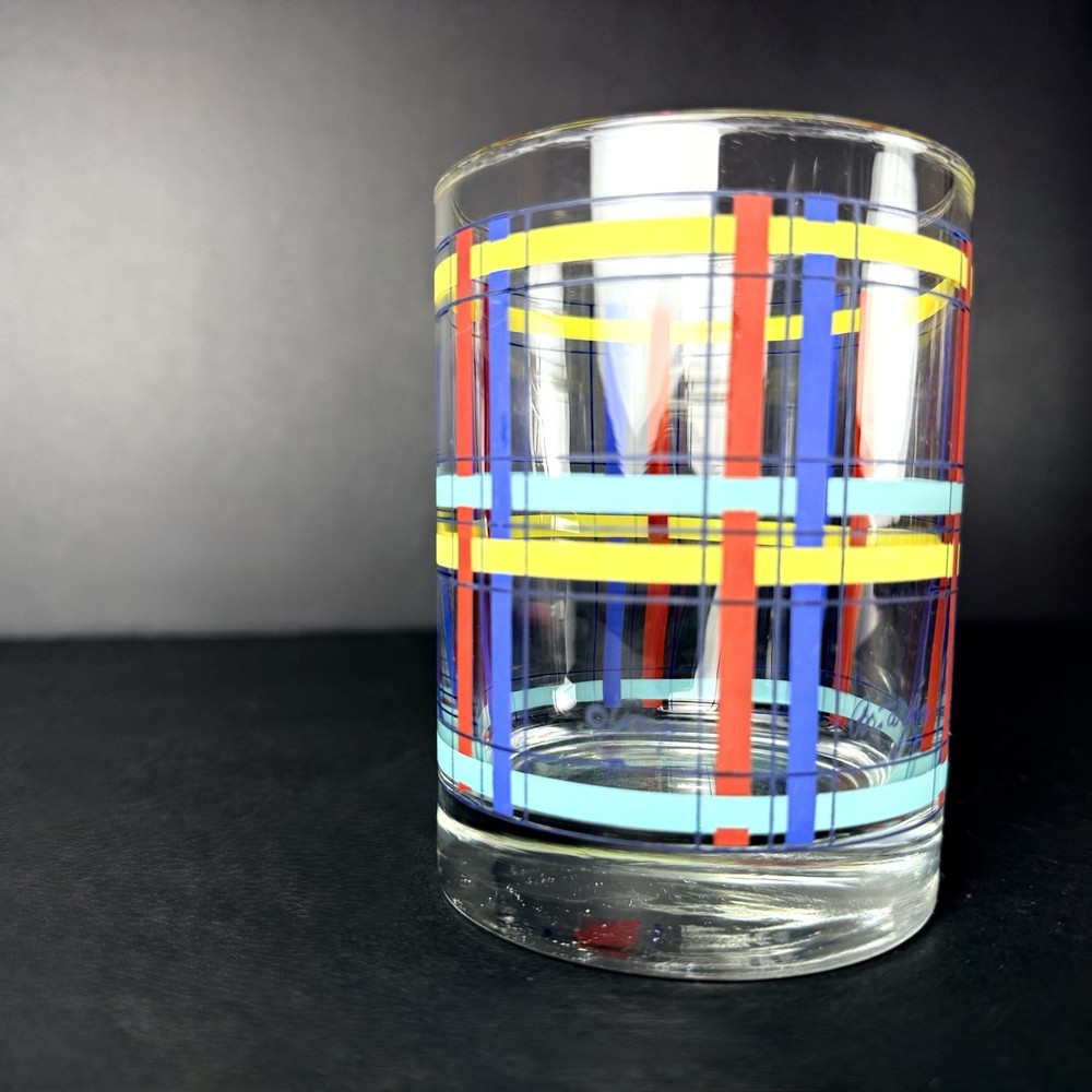 Vintage George Briard Spring Plaid Double Old Fashion Glass Signed 4