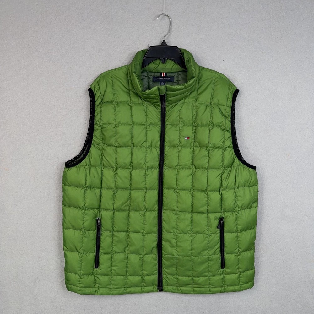 Tommy Hilfiger Vest Mens 2XL Green Down Puffer Quilted Full Zip Logo Outdoor