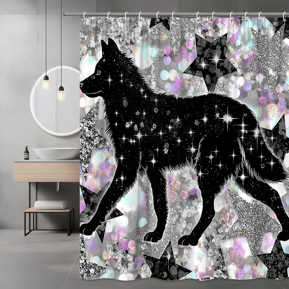Wolf Silhouette Star Print Shower Curtain Black White