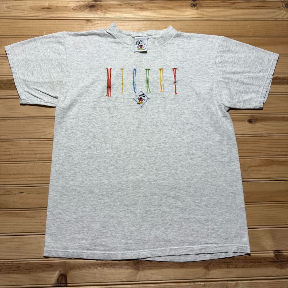 Vintage 90s Disney Mickey Mouse Embroidered Spell Out Cartoon T-Shirt USA Large