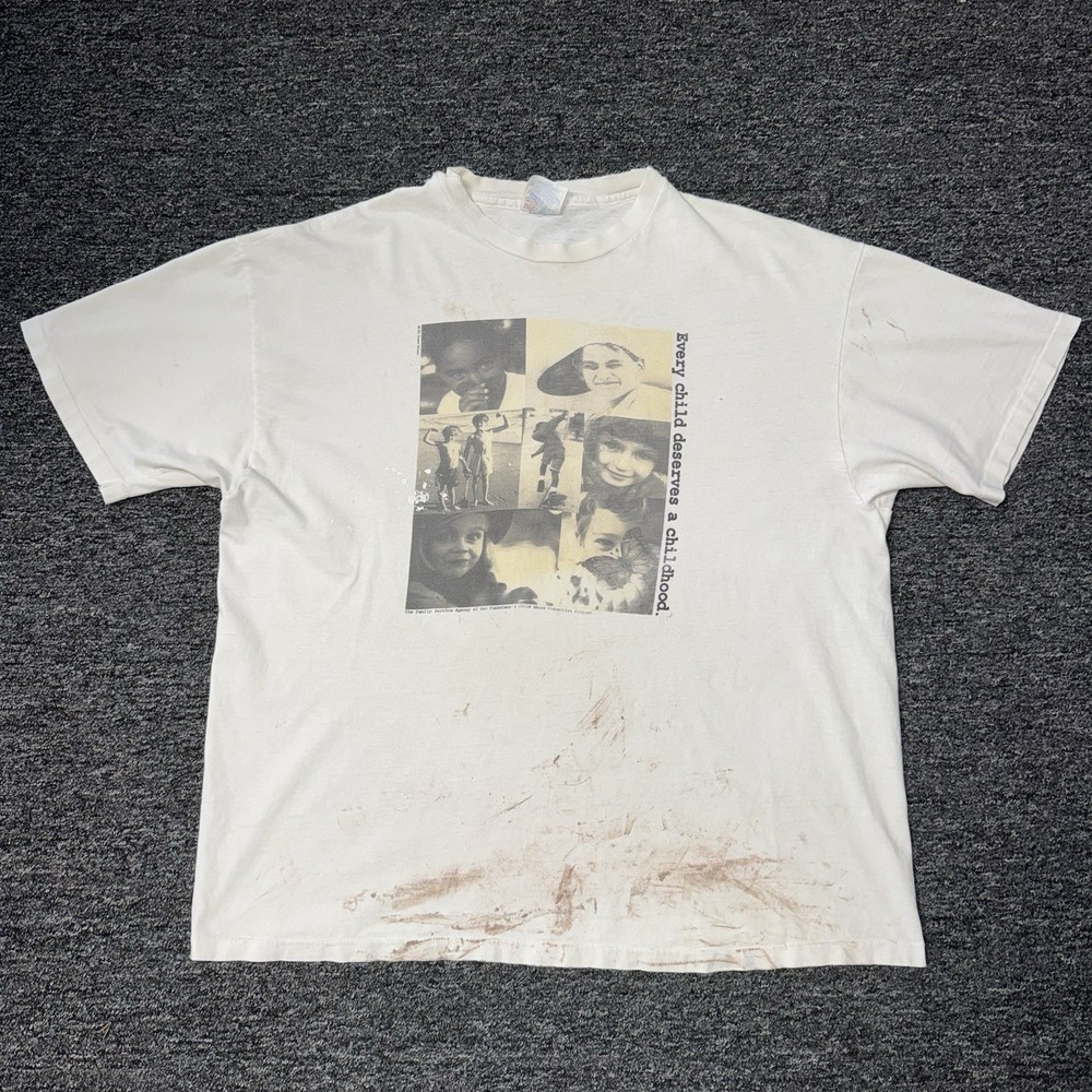 Vintage 90s RARE Childs Care Program Paint Thrashed White T-Shirt Grail Sz XL