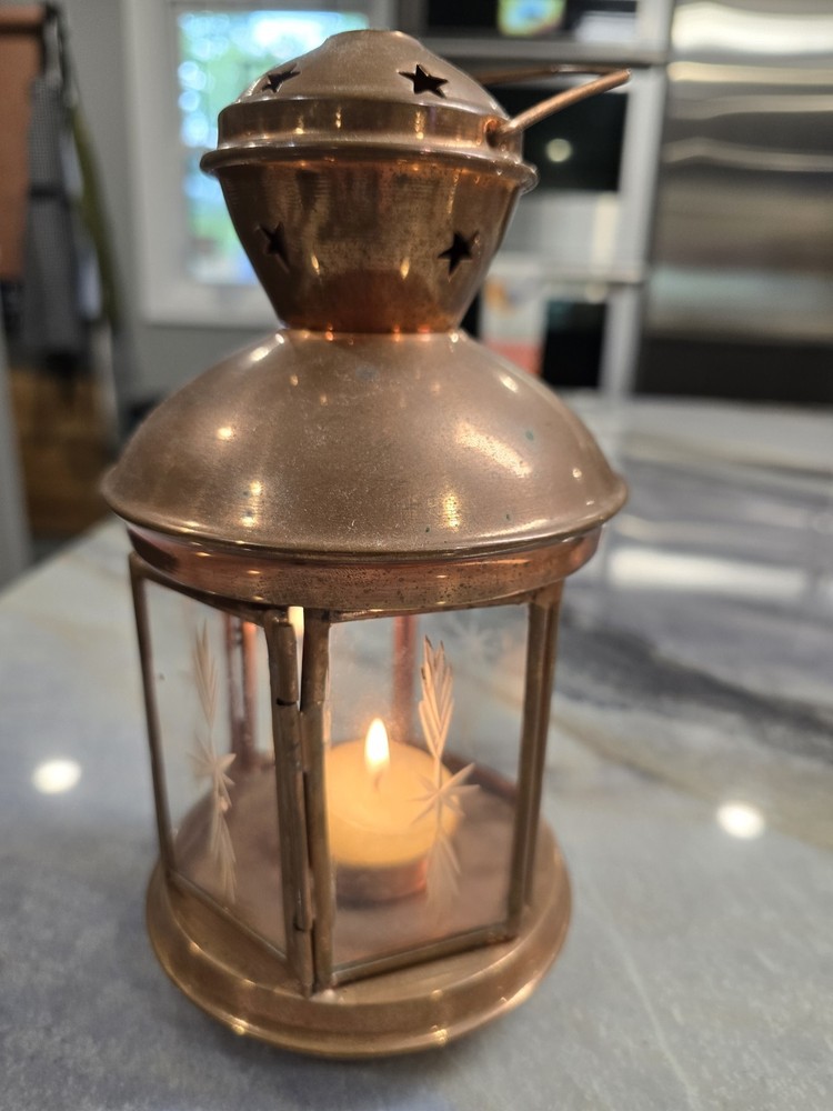 Vintage Copper & Glass etched Star Design tealight Candle Holder Lamp Lantern