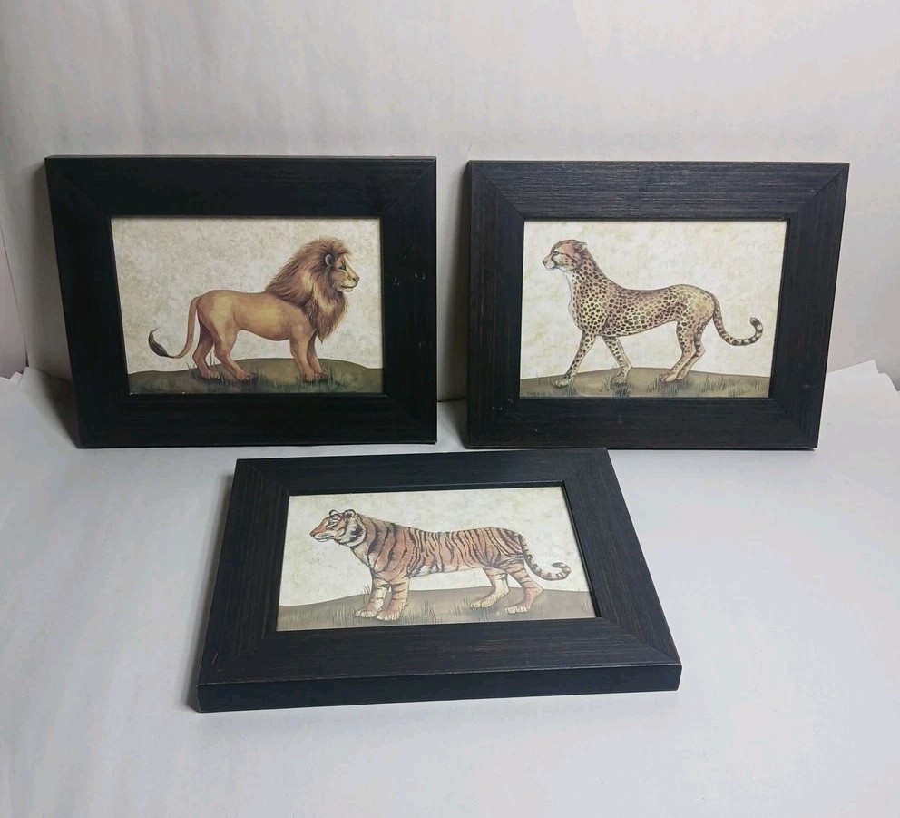 Lot of 3 vintage framed Wendy Wegner Art Prints Cheetah Lion Tiger