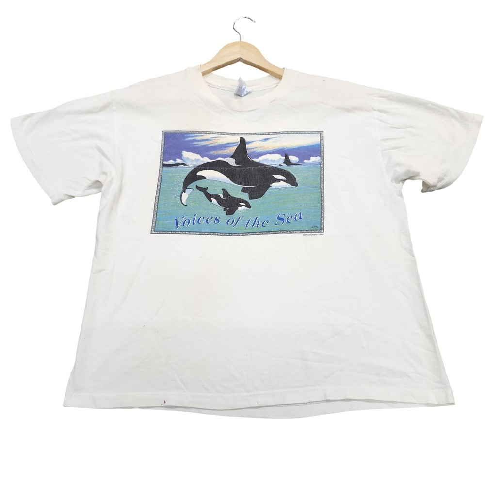 Vintage Hanes Shirt Mens Large White Voices Of The Sea Orca Graphic Tee Ocean
