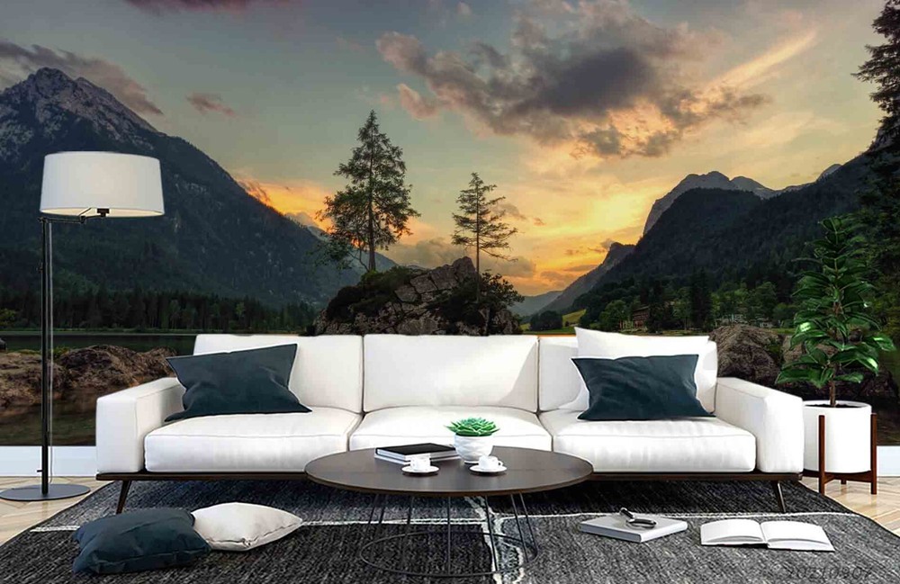 3D Sunset Sky Forest Lake Scenery Wall Murals Wallpaper Murals Wall Sticker