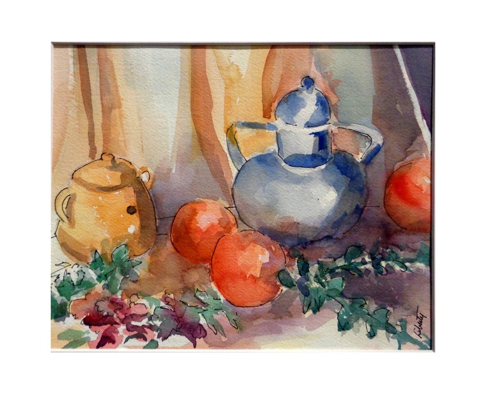Still Life with Jars and Fruit, Transparent watercolor matted to 11x14, signed