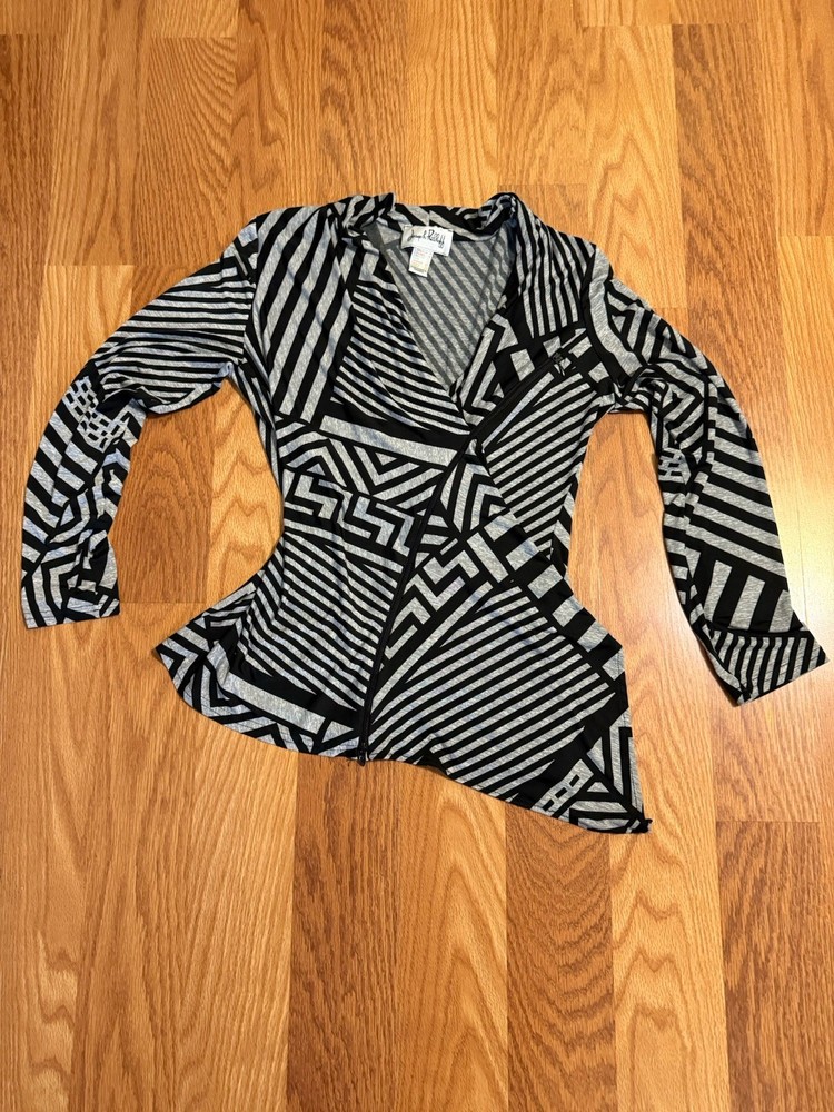 Joseph Ribkoff Top Women’s 6 Black Gray Geometric Print Asymmetrical Zip Blouse