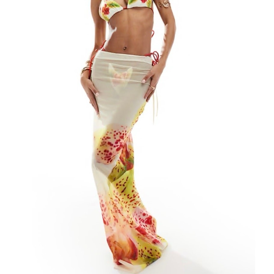 Murci Mesh Maxi Beach Skirt Floral Print Sheer Cover Up White Yellow Pink 2