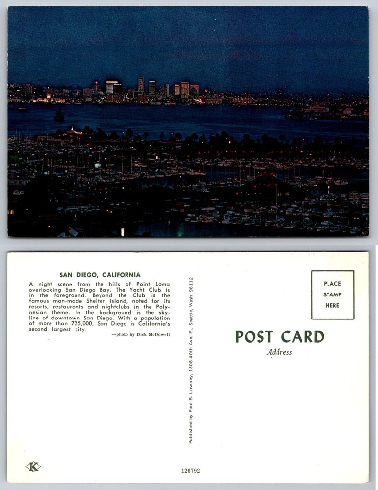 San Diego CA Night View Point Loma Shelter Island Yacht Club Skyline Postcard