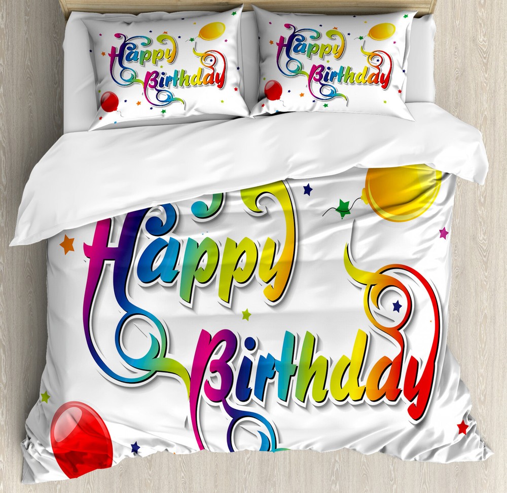 Colorful Duvet Cover Set with Pillow Shams Birthday Words Floral Print