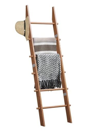 6-Tier Blanket Ladder with Hanging Knobs, 5.5 Ft Tall Wall Leaning Honey Brown