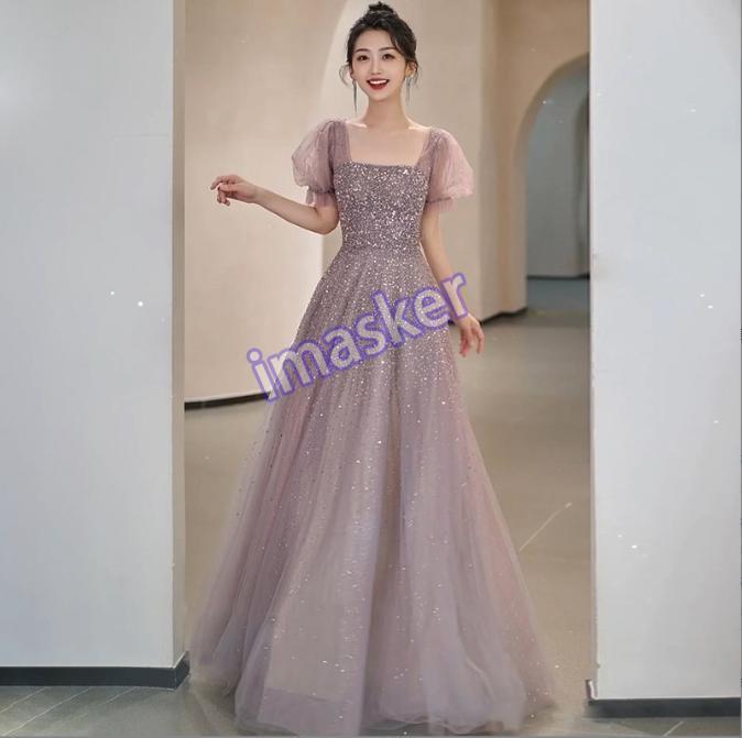 Sequins Mesh Long Dress with Bubble Sleeves Slim Fit Party Evening Gown