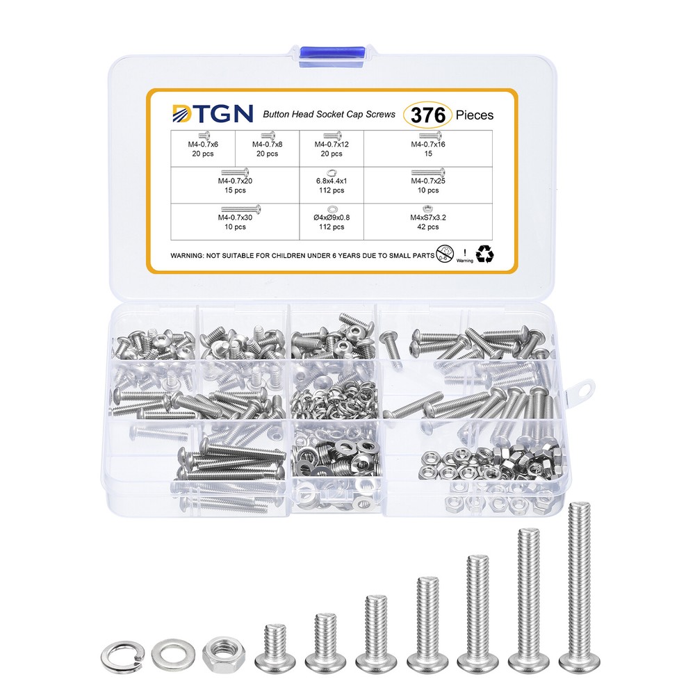 376Pcs M4-0.7x6 to 30mm Button Head Socket Cap Screws Kit 304 Stainless Steel