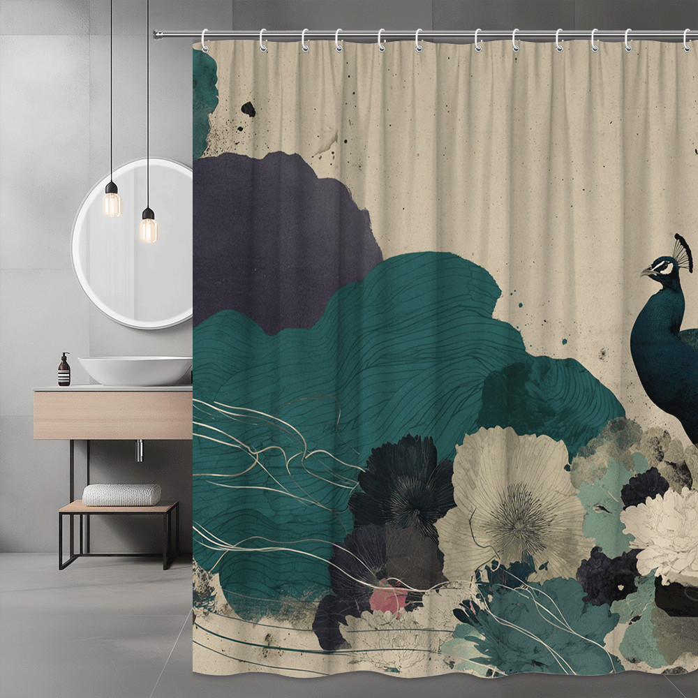 Peacock Floral Shower Curtain Teal Navy Beige Abstract Art