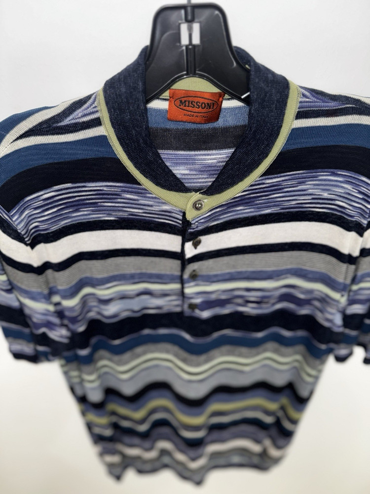 Missoni Men's Striped Henley Knit T-Shirt Short Sleeve Cotton Button Size L